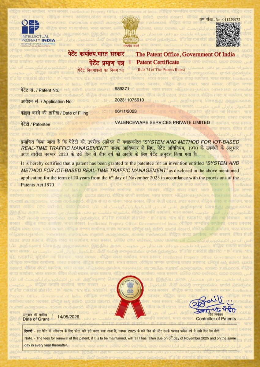 Indian Patent Certificate No. 589371 — System and Method for IoT-Based Real-Time Traffic Management, granted to Valenceware Services Private Limited